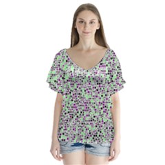 Pattern V-neck Flutter Sleeve Top by gasi
