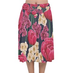 Pink Roses And Daisies Velvet Flared Midi Skirt by allthingseveryone