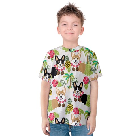 Hula Corgis Fabric Kids  Cotton Tee by Celenk