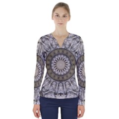Mandala Sand Color Seamless Tile V-neck Long Sleeve Top by Celenk