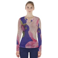Fabric Textile Abstract Pattern V-neck Long Sleeve Top by Celenk
