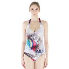 Cat Kitty Animal Art Abstract Halter Swimsuit by Celenk