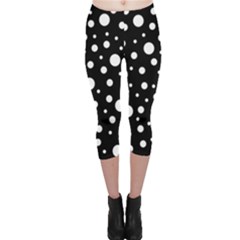White On Black Polka Dot Pattern Capri Leggings  by LoolyElzayat
