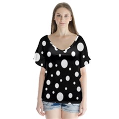 White On Black Polka Dot Pattern V-neck Flutter Sleeve Top by LoolyElzayat