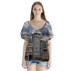 Castle Building Architecture V-neck Flutter Sleeve Top by Celenk