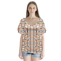 Multicolored Geometric Pattern  V-neck Flutter Sleeve Top by dflcprints