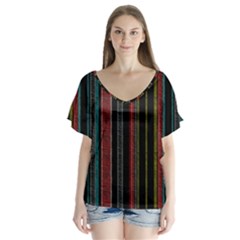 Multicolored Dark Stripes Pattern V-neck Flutter Sleeve Top by dflcprints