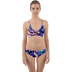 American Flag Red White Blue Fireworks Stars Independence Day Wrap Around Bikini Set by Sapixe