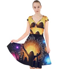 Celebration Night Sky With Fireworks In Various Colors Cap Sleeve Front Wrap Midi Dress by Sapixe