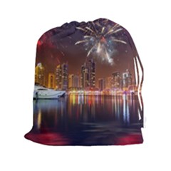 Christmas Night In Dubai Holidays City Skyscrapers At Night The Sky Fireworks Uae Drawstring Pouches (xxl) by Sapixe