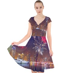 Christmas Night In Dubai Holidays City Skyscrapers At Night The Sky Fireworks Uae Cap Sleeve Front Wrap Midi Dress by Sapixe