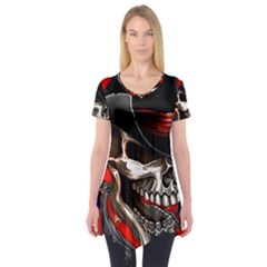 Confederate Flag Usa America United States Csa Civil War Rebel Dixie Military Poster Skull Short Sleeve Tunic  by Sapixe