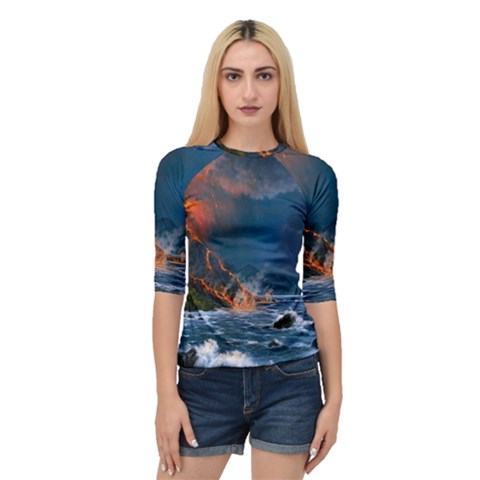 Eruption Of Volcano Sea Full Moon Fantasy Art Quarter Sleeve Raglan Tee by Sapixe