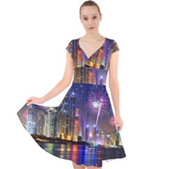 Dubai City At Night Christmas Holidays Fireworks In The Sky Skyscrapers United Arab Emirates Cap Sleeve Front Wrap Midi Dress by Sapixe