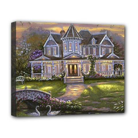 Landscape House River Bridge Swans Art Background Deluxe Canvas 20  X 16   by Sapixe