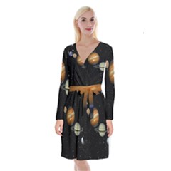 Outer Space Planets Solar System Long Sleeve Velvet Front Wrap Dress by Sapixe