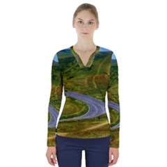 Cliff Coast Road Landscape Travel V-neck Long Sleeve Top by Sapixe