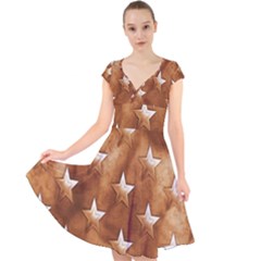 Stars Brown Background Shiny Cap Sleeve Front Wrap Midi Dress by Sapixe