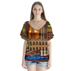 Shanghai Skyline Architecture V-neck Flutter Sleeve Top by Simbadda