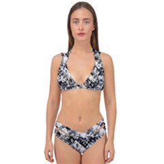 Black And White Patchwork Pattern Double Strap Halter Bikini Set by dflcprints