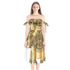 Gold Elephant Pachyderm Shoulder Tie Bardot Midi Dress by Simbadda