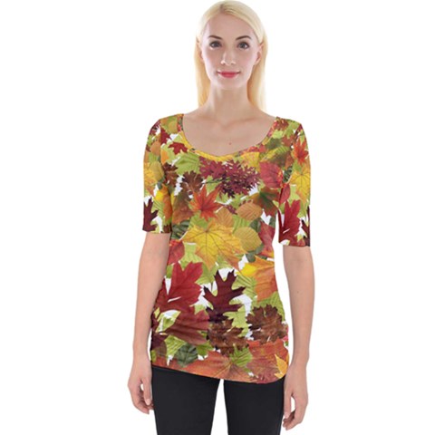 Autumn Fall Leaves Wide Neckline Tee by LoolyElzayat