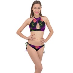 Rosa Black Background Flash Lights Cross Front Halter Bikini Set by Sapixe
