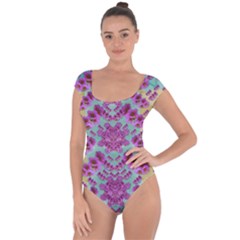 Climbing And Loving Beautiful Flowers Of Fantasy Floral Short Sleeve Leotard  by pepitasart