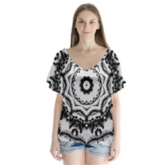 Abstract Pattern Fractal V-neck Flutter Sleeve Top by Sapixe