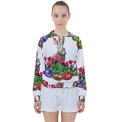 Easter Eggs Rabbit Celebration Women s Tie Up Sweat by Sapixe