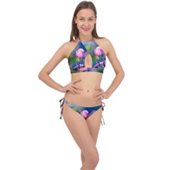 Pink Rose Flower Cross Front Halter Bikini Set by FunnyCow