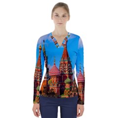Moscow Kremlin And St  Basil Cathedral V-neck Long Sleeve Top by FunnyCow