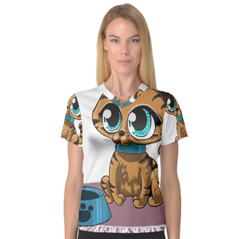 Kitty Cat Big Eyes Ears Animal V-neck Sport Mesh Tee by Sapixe