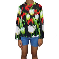 White And Red Sunlit Tulips Kids  Long Sleeve Swimwear by FunnyCow