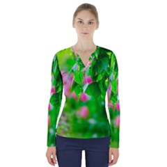 Green Birch Leaves, Pink Flowers V-neck Long Sleeve Top by FunnyCow
