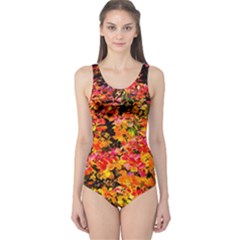 Orange, Yellow Cotoneaster Leaves In Autumn One Piece Swimsuit by FunnyCow