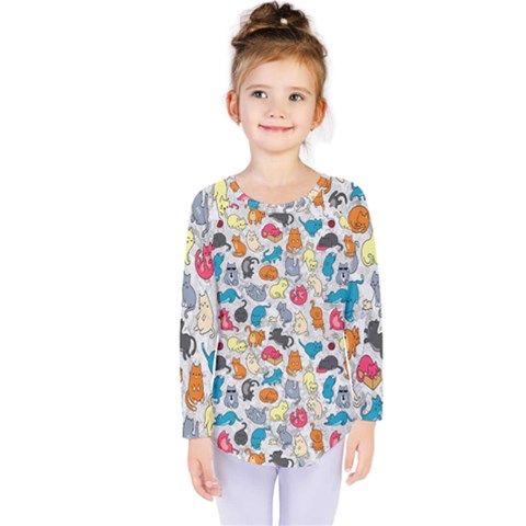 Funny Cute Colorful Cats Pattern Kids  Long Sleeve Tee by EDDArt