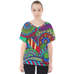 Pop Art Paisley Flowers Ornaments Multicolored 2 V-neck Dolman Drape Top by EDDArt