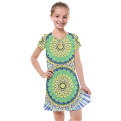 Power Mandala Sun Blue Green Yellow Lilac Kids  Cross Web Dress by EDDArt