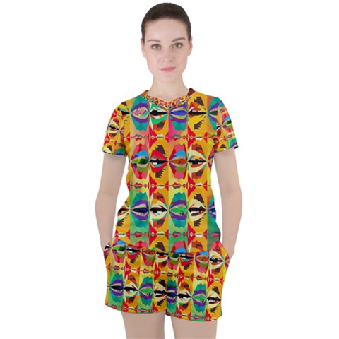 Colorful Shapes                                          Women s Mesh Tee And Shorts Set by LalyLauraFLM
