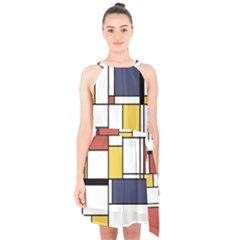 De Stijl Abstract Art Halter Collar Waist Tie Chiffon Dress by FunnyCow