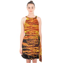 Liquid Gold Halter Collar Waist Tie Chiffon Dress by FunnyCow