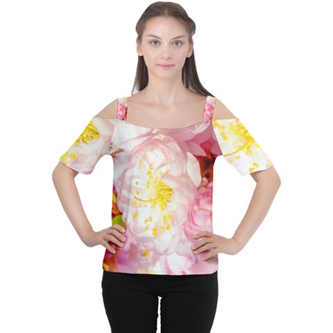 Pink Flowering Almond Flowers Cutout Shoulder Tee by FunnyCow