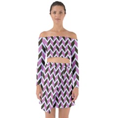 Zigzag Chevron Pattern Pink Brown Off Shoulder Top With Skirt Set by snowwhitegirl