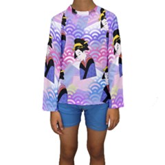 Japanese Abstract Blue Kids  Long Sleeve Swimwear by snowwhitegirl