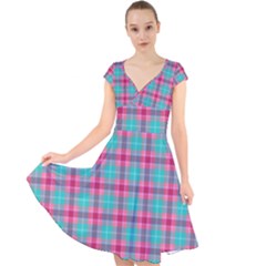 Blue Pink Plaid Cap Sleeve Front Wrap Midi Dress by snowwhitegirl