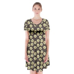 Antique Flowers Brown Short Sleeve V-neck Flare Dress by snowwhitegirl