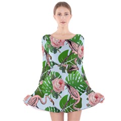 Flamingo Floral Blue Long Sleeve Velvet Skater Dress by snowwhitegirl