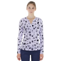 Black Abstract Symbols V-neck Long Sleeve Top by FunnyCow