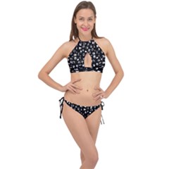 White On Black Abstract Symbols Cross Front Halter Bikini Set by FunnyCow